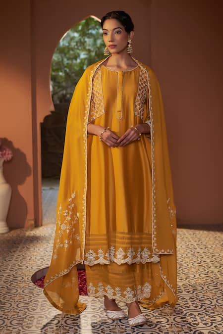 Sonia Khatri Yellow Kurta And Palazzo Summer Silk Embroidered Dori Round Pant Set 