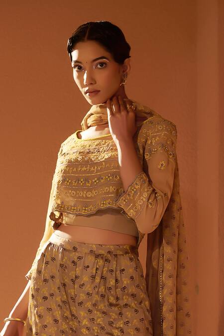 Sonia Khatri_Beige Crepe, Georgette Embroidery Boat Neck Jacket Floral Print Sharara Set _Online_at_Aza_Fashions