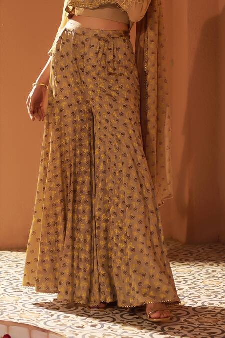 Buy_Sonia Khatri_Beige Crepe, Georgette Embroidery Boat Neck Jacket Floral Print Sharara Set _Online_at_Aza_Fashions