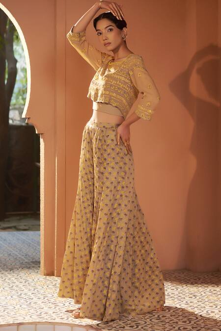 Shop_Sonia Khatri_Beige Crepe, Georgette Embroidery Boat Neck Jacket Floral Print Sharara Set _Online_at_Aza_Fashions