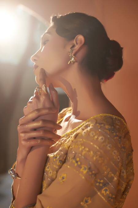 Buy_Sonia Khatri_Beige Crepe, Georgette Embroidery Boat Neck Jacket Floral Print Sharara Set 