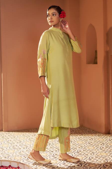 Buy Sonia Khatri Green Cotton, Muslin Embroidery Bandeau Neck Sleeve Kurta And Pant Set Online at Aza Fashions Buy_Sonia Khatri_Green Cotton, Muslin Embroidery Bandeau Neck Sleeve Kurta And Pant Set _Online_at_Aza_Fashions
