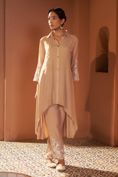 Sonia Khatri Beige Cotton Sequins, Cut Work, Embroidery Cashmere High Low Kurta And Pant Set Online at Aza Fashions Sonia Khatri_Beige Cotton Sequins, Cut Work, Embroidery Cashmere High Low Kurta And Pant Set _Online_at_Aza_Fashions