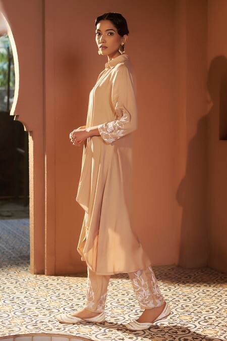 Shop Sonia Khatri Beige Cotton Sequins, Cut Work, Embroidery Cashmere High Low Kurta And Pant Set Online at Aza Fashions Shop_Sonia Khatri_Beige Cotton Sequins, Cut Work, Embroidery Cashmere High Low Kurta And Pant Set _Online_at_Aza_Fashions