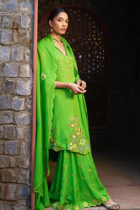 Sonia Khatri_Green Organza Cut Work, Sequins, Pearls, Floral Applique Kurta Sharara Set _Online_at_Aza_Fashions