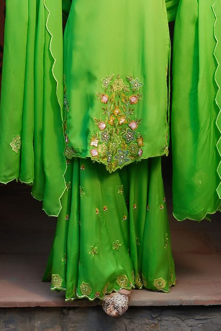 Buy_Sonia Khatri_Green Organza Cut Work, Sequins, Pearls, Floral Applique Kurta Sharara Set _Online_at_Aza_Fashions