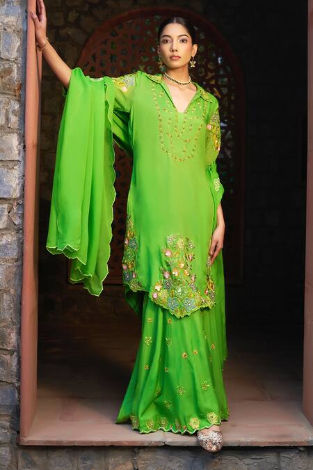 Shop_Sonia Khatri_Green Organza Cut Work, Sequins, Pearls, Floral Applique Kurta Sharara Set _Online_at_Aza_Fashions