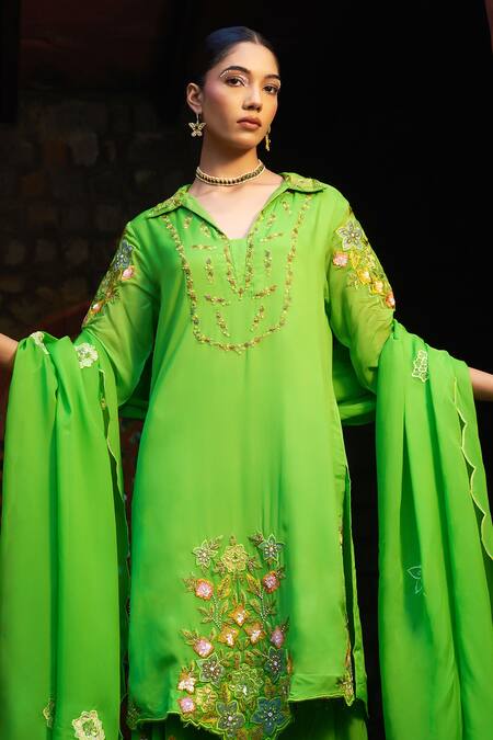 Sonia Khatri_Green Organza Cut Work, Sequins, Pearls, Floral Applique Kurta Sharara Set _at_Aza_Fashions