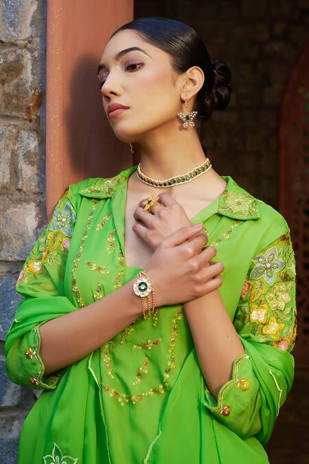 Buy_Sonia Khatri_Green Organza Cut Work, Sequins, Pearls, Floral Applique Kurta Sharara Set 