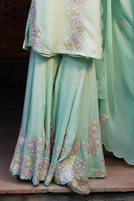 Sonia Khatri Green Organza Cut Work, Pearls, Summer Floral Applique Kurta Sharara Set Online at Aza Fashions Sonia Khatri_Green Organza Cut Work, Pearls, Summer Floral Applique Kurta Sharara Set _Online_at_Aza_Fashions
