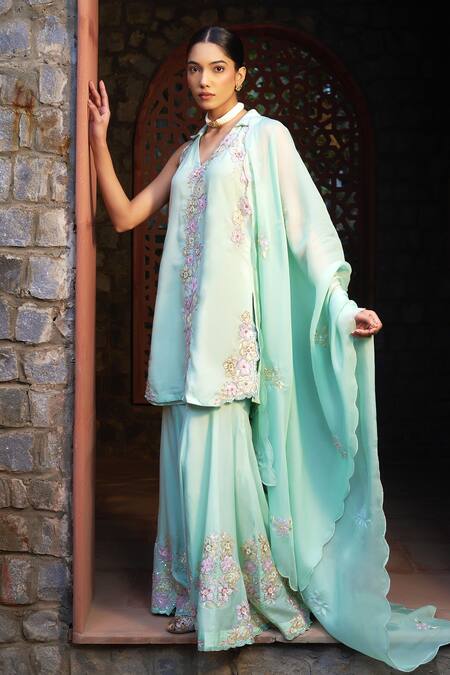 Shop Sonia Khatri Green Organza Cut Work, Pearls, Summer Floral Applique Kurta Sharara Set Online at Aza Fashions Shop_Sonia Khatri_Green Organza Cut Work, Pearls, Summer Floral Applique Kurta Sharara Set _Online_at_Aza_Fashions