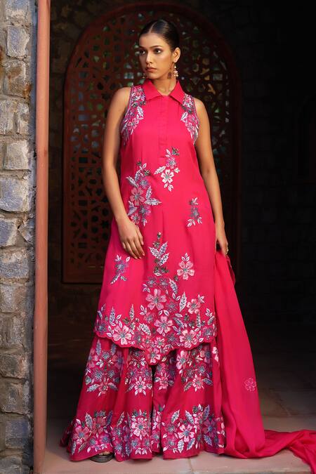 Buy_Sonia Khatri_Pink Organza Applique, Sequins, Cut Work, Debian Flower Kurta Sharara Set _Online_at_Aza_Fashions