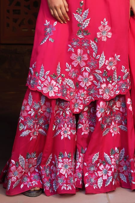 Shop_Sonia Khatri_Pink Organza Applique, Sequins, Cut Work, Debian Flower Kurta Sharara Set _Online_at_Aza_Fashions