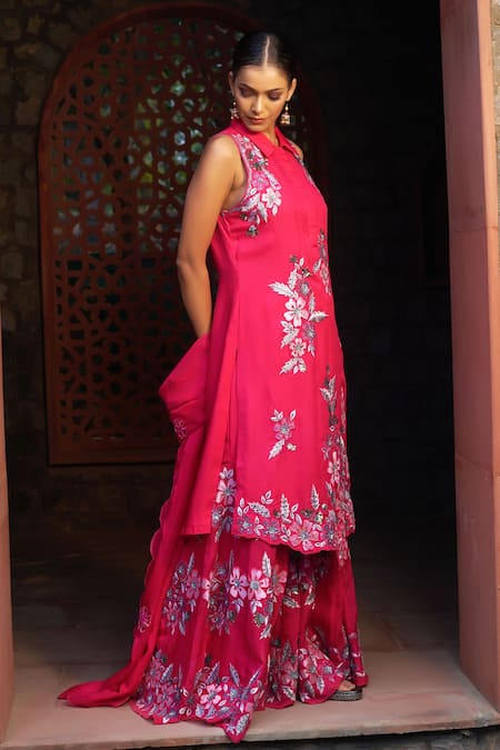 Sonia Khatri_Pink Organza Applique, Sequins, Cut Work, Debian Flower Kurta Sharara Set _at_Aza_Fashions