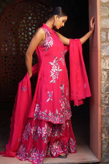 Buy_Sonia Khatri_Pink Organza Applique, Sequins, Cut Work, Debian Flower Kurta Sharara Set 