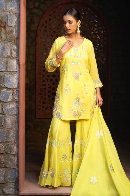 Sonia Khatri Yellow Organza Sequins, Pearls, Zari, Embroidery Flower Work Kurta Sharara Set Online at Aza Fashions Sonia Khatri_Yellow Organza Sequins, Pearls, Zari, Embroidery Flower Work Kurta Sharara Set _Online_at_Aza_Fashions