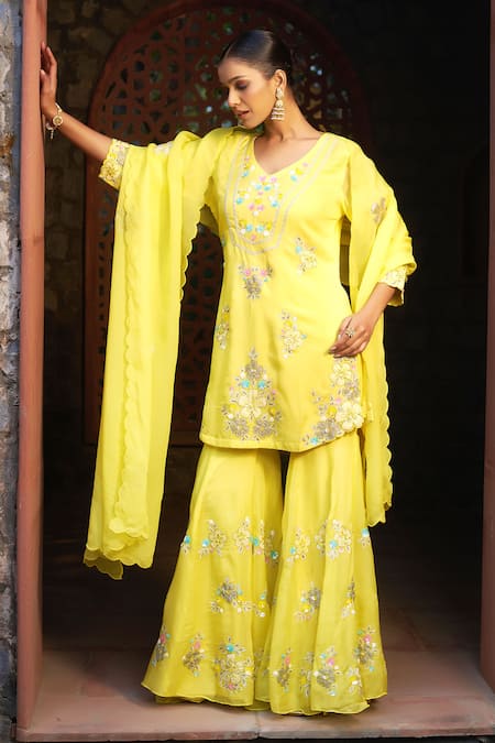 Buy Sonia Khatri Yellow Organza Sequins, Pearls, Zari, Embroidery Flower Work Kurta Sharara Set Online at Aza Fashions Buy_Sonia Khatri_Yellow Organza Sequins, Pearls, Zari, Embroidery Flower Work Kurta Sharara Set _Online_at_Aza_Fashions
