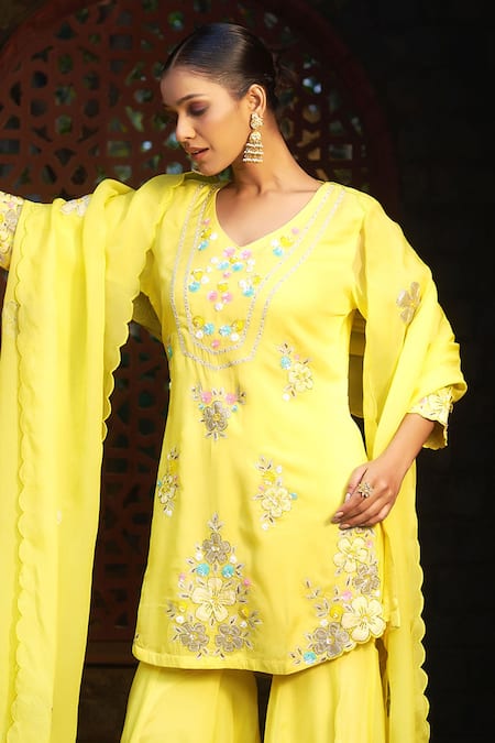 Shop Sonia Khatri Yellow Organza Sequins, Pearls, Zari, Embroidery Flower Work Kurta Sharara Set Online at Aza Fashions Shop_Sonia Khatri_Yellow Organza Sequins, Pearls, Zari, Embroidery Flower Work Kurta Sharara Set _Online_at_Aza_Fashions