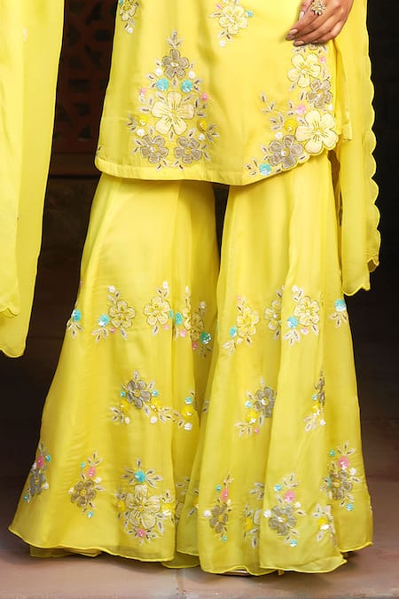 Sonia Khatri Yellow Organza Sequins, Pearls, Zari, Embroidery Flower Work Kurta Sharara Set at Aza Fashions Sonia Khatri_Yellow Organza Sequins, Pearls, Zari, Embroidery Flower Work Kurta Sharara Set _at_Aza_Fashions