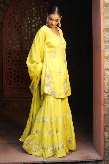 Buy Sonia Khatri Yellow Organza Sequins, Pearls, Zari, Embroidery Flower Work Kurta Sharara Set Buy_Sonia Khatri_Yellow Organza Sequins, Pearls, Zari, Embroidery Flower Work Kurta Sharara Set