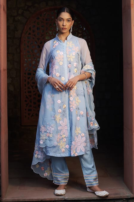 Shop Sonia Khatri Blue Organza Sequins, Cut Work, Zari, Celestial Floral Applique Kurta Pant Set Online at Aza Fashions Shop_Sonia Khatri_Blue Organza Sequins, Cut Work, Zari, Celestial Floral Applique Kurta Pant Set _Online_at_Aza_Fashions