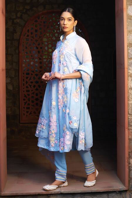 Buy Sonia Khatri Blue Organza Sequins, Cut Work, Zari, Celestial Floral Applique Kurta Pant Set Buy_Sonia Khatri_Blue Organza Sequins, Cut Work, Zari, Celestial Floral Applique Kurta Pant Set