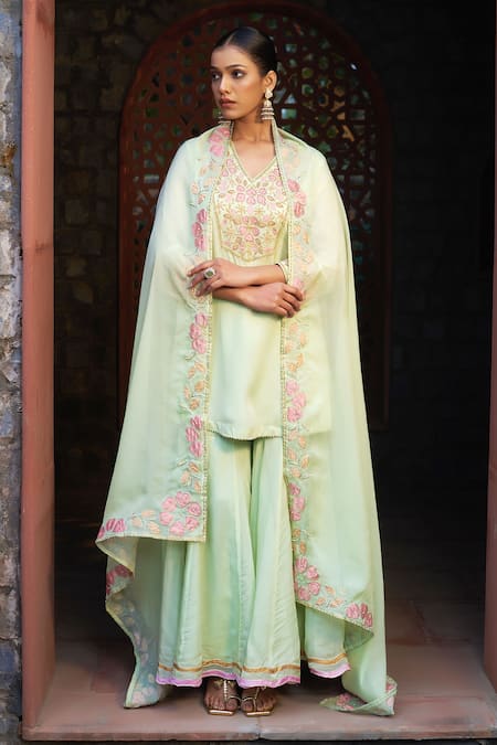Sonia Khatri Green Organza Cut Work, Pearls, Zari, Embroidery Floral Yoke Kurta Sharara Set Online at Aza Fashions Sonia Khatri_Green Organza Cut Work, Pearls, Zari, Embroidery Floral Yoke Kurta Sharara Set _Online_at_Aza_Fashions