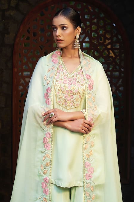 Buy Sonia Khatri Green Organza Cut Work, Pearls, Zari, Embroidery Floral Yoke Kurta Sharara Set Online at Aza Fashions Buy_Sonia Khatri_Green Organza Cut Work, Pearls, Zari, Embroidery Floral Yoke Kurta Sharara Set _Online_at_Aza_Fashions