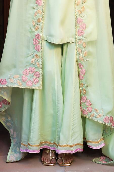 Shop Sonia Khatri Green Organza Cut Work, Pearls, Zari, Embroidery Floral Yoke Kurta Sharara Set Online at Aza Fashions Shop_Sonia Khatri_Green Organza Cut Work, Pearls, Zari, Embroidery Floral Yoke Kurta Sharara Set _Online_at_Aza_Fashions