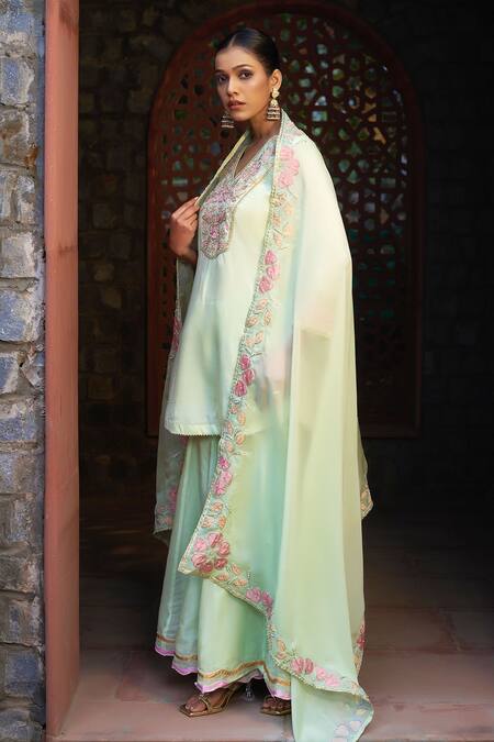 Sonia Khatri Green Organza Cut Work, Pearls, Zari, Embroidery Floral Yoke Kurta Sharara Set at Aza Fashions Sonia Khatri_Green Organza Cut Work, Pearls, Zari, Embroidery Floral Yoke Kurta Sharara Set _at_Aza_Fashions