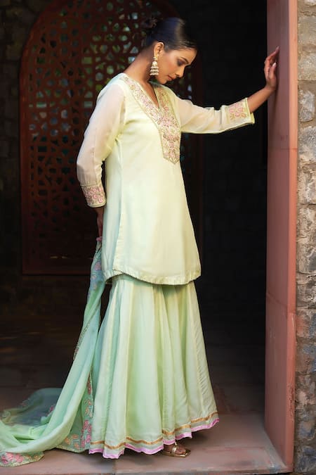 Buy Sonia Khatri Green Organza Cut Work, Pearls, Zari, Embroidery Floral Yoke Kurta Sharara Set Buy_Sonia Khatri_Green Organza Cut Work, Pearls, Zari, Embroidery Floral Yoke Kurta Sharara Set