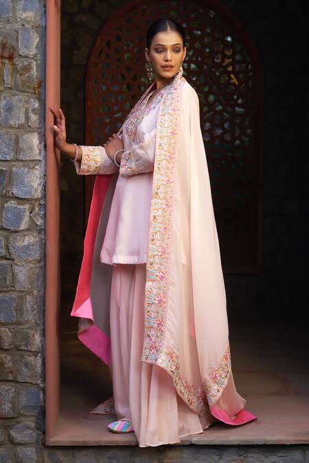 Shop Sonia Khatri Pink Organza Zari, Sequins, Pearls, Embroidery Flower Yoke Kurta Sharara Set Online at Aza Fashions Shop_Sonia Khatri_Pink Organza Zari, Sequins, Pearls, Embroidery Flower Yoke Kurta Sharara Set _Online_at_Aza_Fashions