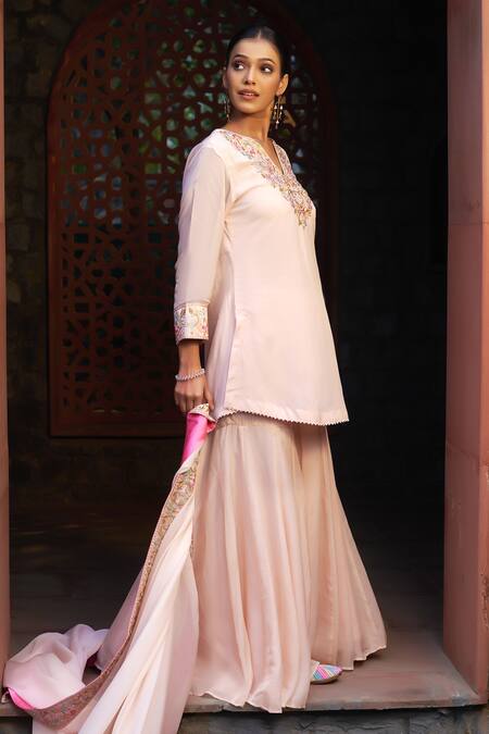 Sonia Khatri Pink Organza Zari, Sequins, Pearls, Embroidery Flower Yoke Kurta Sharara Set at Aza Fashions Sonia Khatri_Pink Organza Zari, Sequins, Pearls, Embroidery Flower Yoke Kurta Sharara Set _at_Aza_Fashions