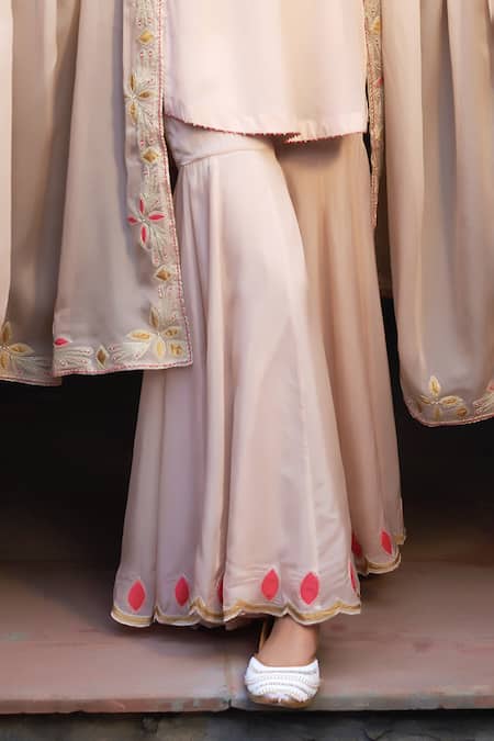 Sonia Khatri Peach Organza Sequins, Applique, Embroidery Geometric Yoke Kurta Sharara Set Online at Aza Fashions Sonia Khatri_Peach Organza Sequins, Applique, Embroidery Geometric Yoke Kurta Sharara Set _Online_at_Aza_Fashions