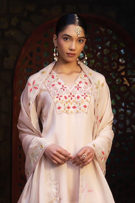 Shop Sonia Khatri Peach Organza Sequins, Applique, Embroidery Geometric Yoke Kurta Sharara Set Online at Aza Fashions Shop_Sonia Khatri_Peach Organza Sequins, Applique, Embroidery Geometric Yoke Kurta Sharara Set _Online_at_Aza_Fashions