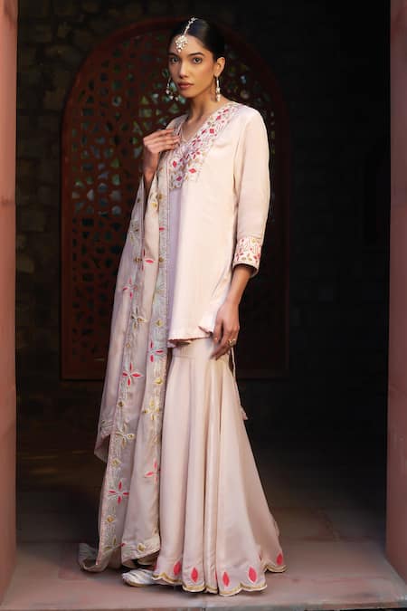Sonia Khatri Peach Organza Sequins, Applique, Embroidery Geometric Yoke Kurta Sharara Set at Aza Fashions Sonia Khatri_Peach Organza Sequins, Applique, Embroidery Geometric Yoke Kurta Sharara Set _at_Aza_Fashions