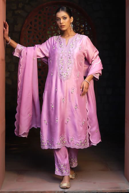 Sonia Khatri Pink Kurta And Pant Dola Silk Embroidery Floral Notched Neck Opera Garden Set 