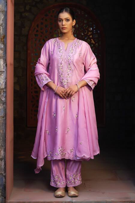 Buy_Sonia Khatri_Pink Silk, Organza Cut Work, Embroidery, Sequins, Opera Garden Kurta Pant Set _Online_at_Aza_Fashions