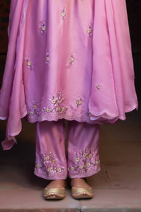 Shop_Sonia Khatri_Pink Silk, Organza Cut Work, Embroidery, Sequins, Opera Garden Kurta Pant Set _Online_at_Aza_Fashions