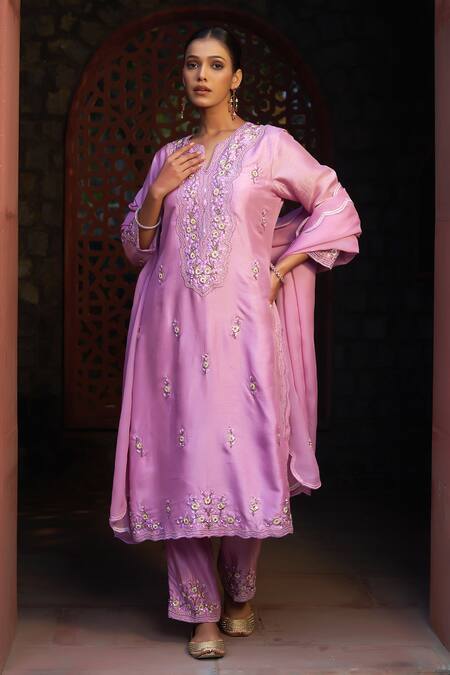 Sonia Khatri_Pink Silk, Organza Cut Work, Embroidery, Sequins, Opera Garden Kurta Pant Set _at_Aza_Fashions