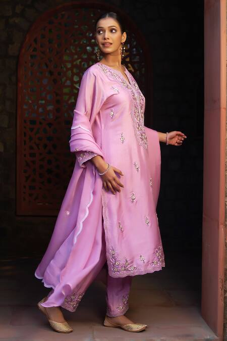 Buy_Sonia Khatri_Pink Silk, Organza Cut Work, Embroidery, Sequins, Opera Garden Kurta Pant Set 