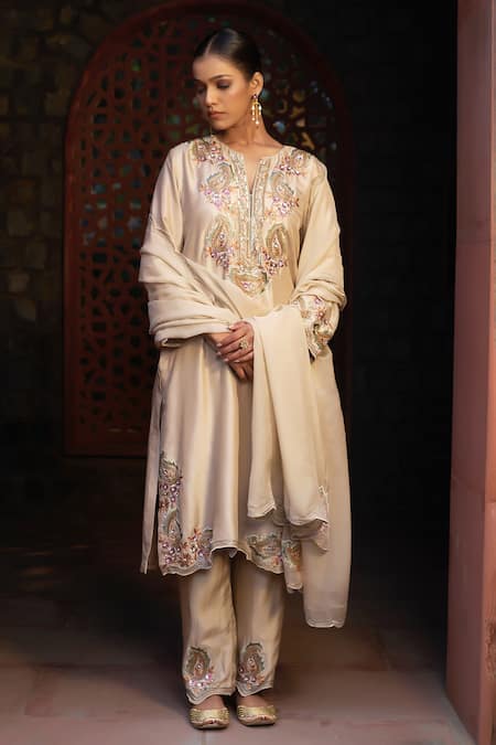 Sonia Khatri Beige Denim, Silk, Organza Cut Work, Embroidery, Paisley Floral Kurta Pant Set Online at Aza Fashions Sonia Khatri_Beige Denim, Silk, Organza Cut Work, Embroidery, Paisley Floral Kurta Pant Set _Online_at_Aza_Fashions