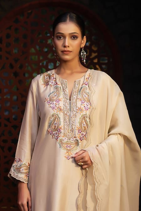 Buy Sonia Khatri Beige Denim, Silk, Organza Cut Work, Embroidery, Paisley Floral Kurta Pant Set Buy_Sonia Khatri_Beige Denim, Silk, Organza Cut Work, Embroidery, Paisley Floral Kurta Pant Set