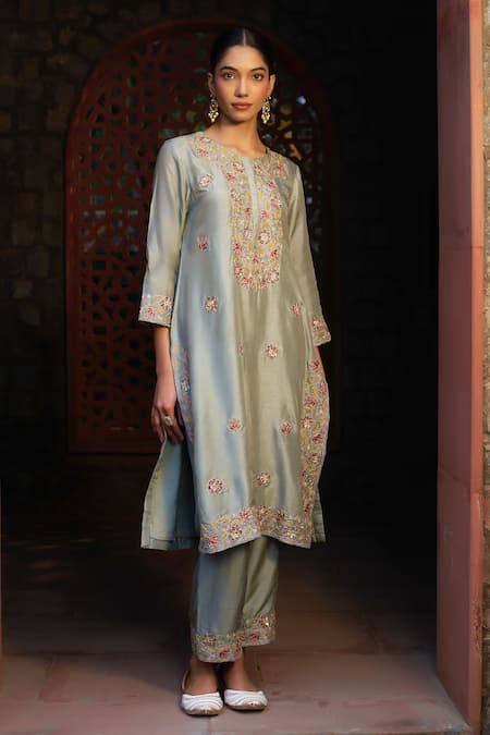 Buy_Sonia Khatri_Grey Denim, Silk Cut Work, Sequins, Embroidery Floral Bloom Kurta With Pant _Online_at_Aza_Fashions