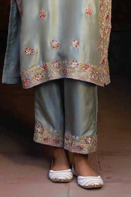 Shop_Sonia Khatri_Grey Denim, Silk Cut Work, Sequins, Embroidery Floral Bloom Kurta With Pant _Online_at_Aza_Fashions