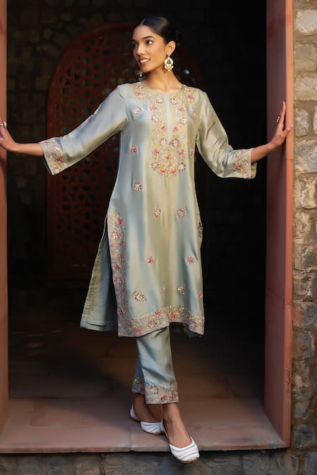 Sonia Khatri_Grey Denim, Silk Cut Work, Sequins, Embroidery Floral Bloom Kurta With Pant _at_Aza_Fashions