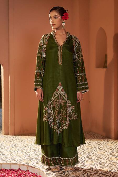 Buy Sonia Khatri Green Denim Sequins, Beads, Embroidery Split Surmai Resham Kurta With Palazzo Online at Aza Fashions Buy_Sonia Khatri_Green Denim Sequins, Beads, Embroidery Split Surmai Resham Kurta With Palazzo _Online_at_Aza_Fashions