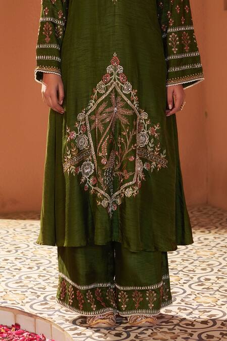 Shop Sonia Khatri Green Denim Sequins, Beads, Embroidery Split Surmai Resham Kurta With Palazzo Online at Aza Fashions Shop_Sonia Khatri_Green Denim Sequins, Beads, Embroidery Split Surmai Resham Kurta With Palazzo _Online_at_Aza_Fashions