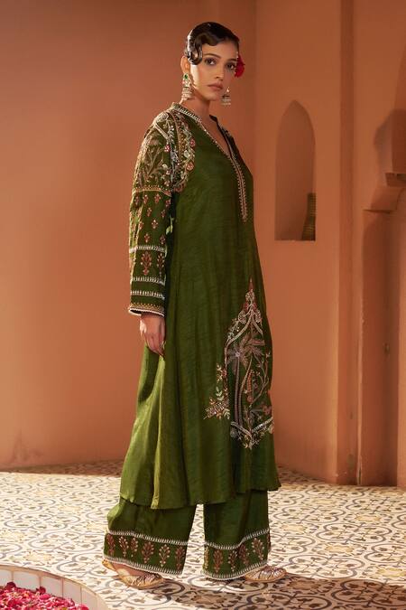 Sonia Khatri Green Denim Sequins, Beads, Embroidery Split Surmai Resham Kurta With Palazzo at Aza Fashions Sonia Khatri_Green Denim Sequins, Beads, Embroidery Split Surmai Resham Kurta With Palazzo _at_Aza_Fashions