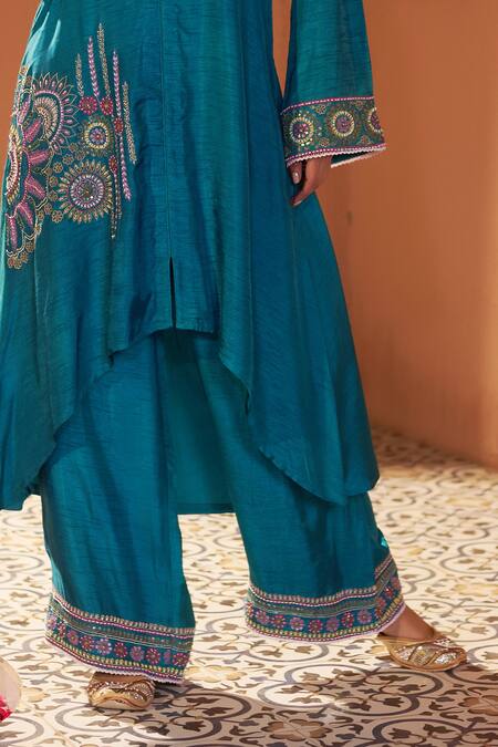 Buy_Sonia Khatri_Green Denim Sequins, Beads, Embroidery Alpana Asymmetric Kurta With Palazzo _Online_at_Aza_Fashions